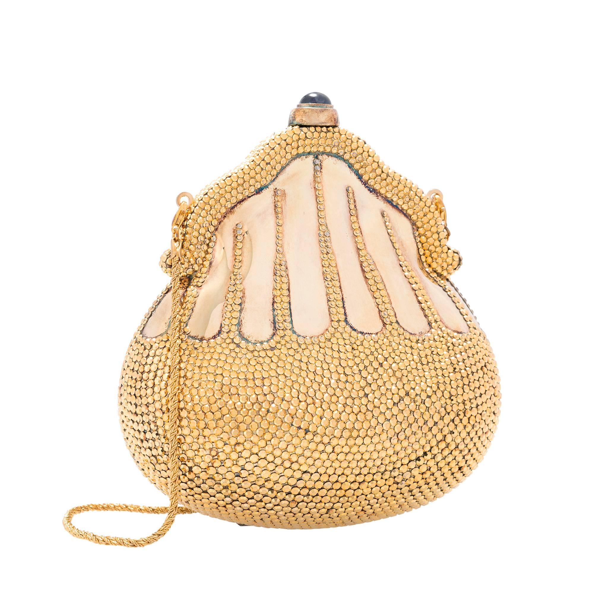 Judith Leiber Limited Edition Half Bead Gold Crystal Chatelaine Minaudiere Bag For Sale