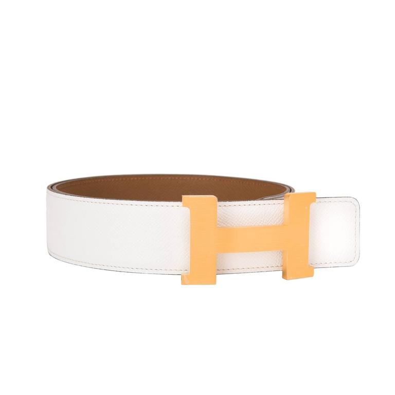 Hermes 42mm Reversible White/Azelan Epsom Constance H Belt Brushed Gold ...