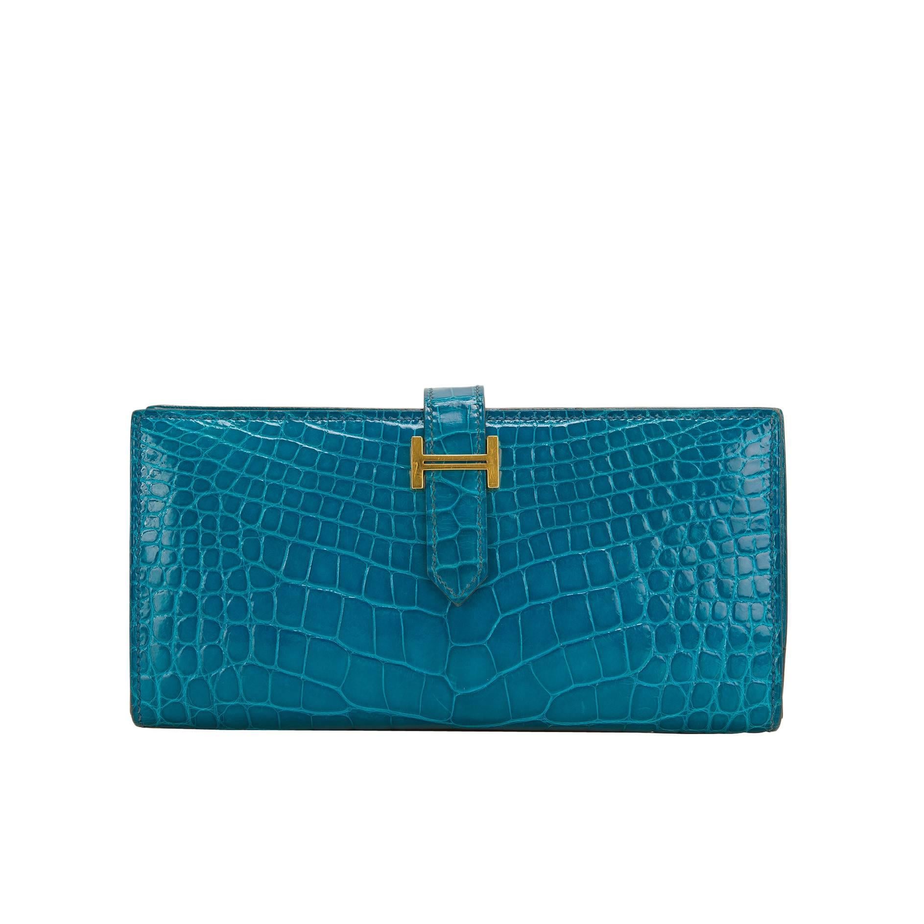 Hermes Blue Izmir Shiny Alligator Gold Hardware Bearn Wallet  For Sale