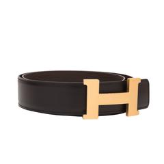 Hermes 42mm Reversible Black/Chocolate Leather Constance H Belt Brushed Gold Buc