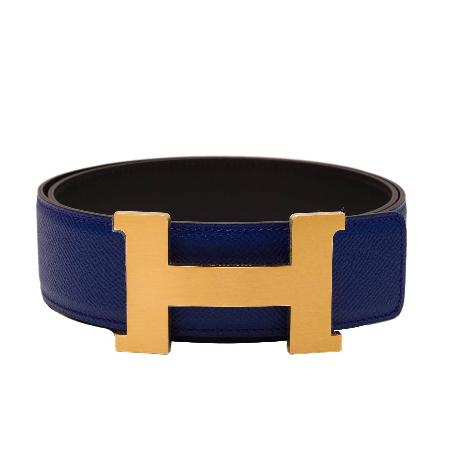 Hermes 42mm Reversible Blue Electric/Black Constance H Belt Brushed Gold Buckle 