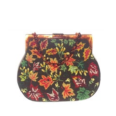 1950s Autumn Leaves Needle Point Handbag with Celluloid Frame and Chain