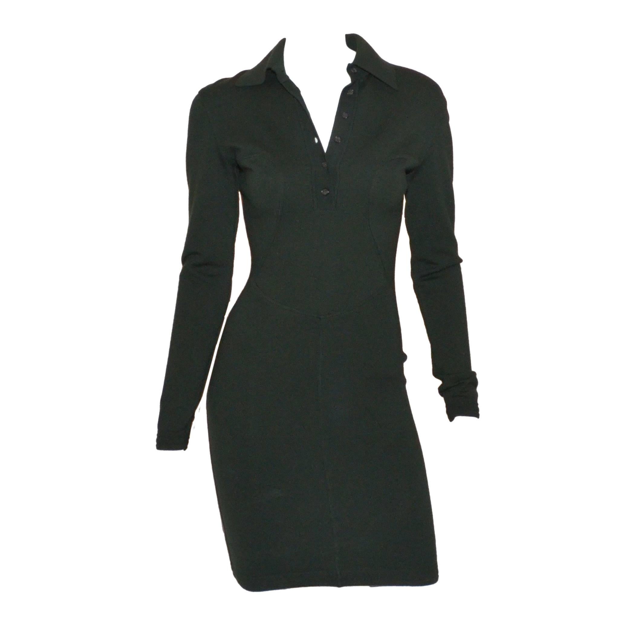 Alaïa Vintage Forest Green Wool Knit Long-Sleeve Dress