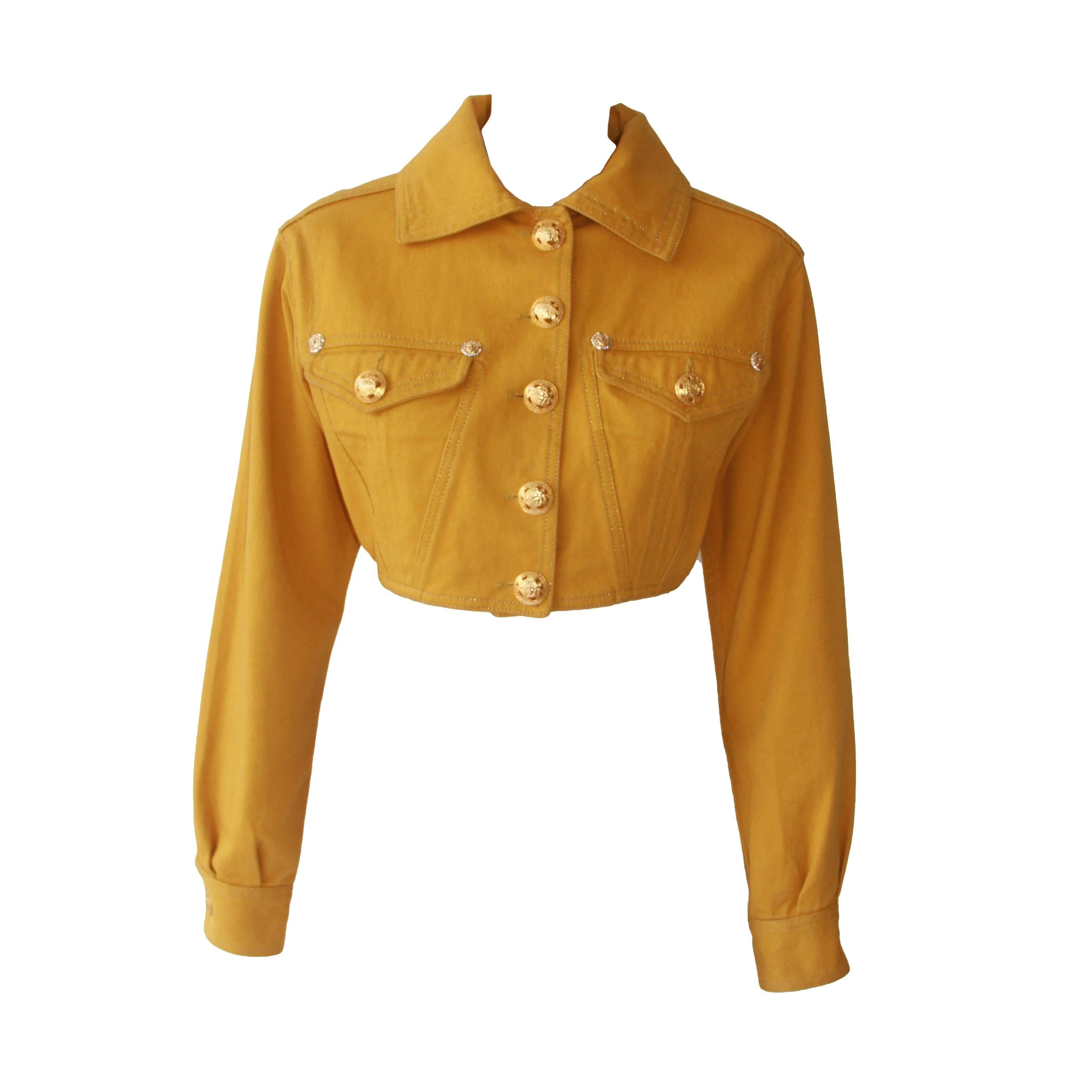 Gianni Versace Gold Cropped Denim Jacket Fall 1992 For Sale
