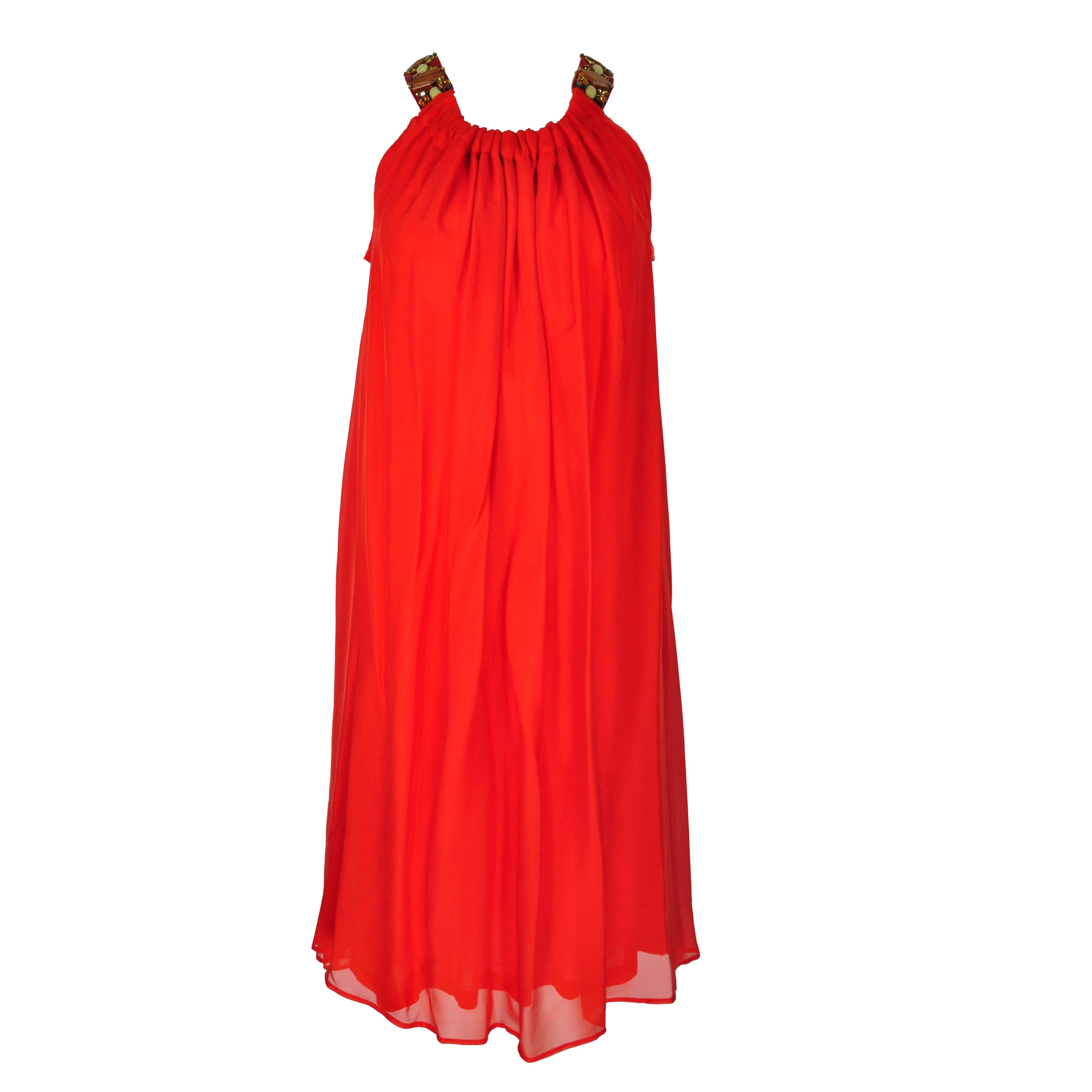 Lanvin Sleeveless Embellished Red Silk Dress 