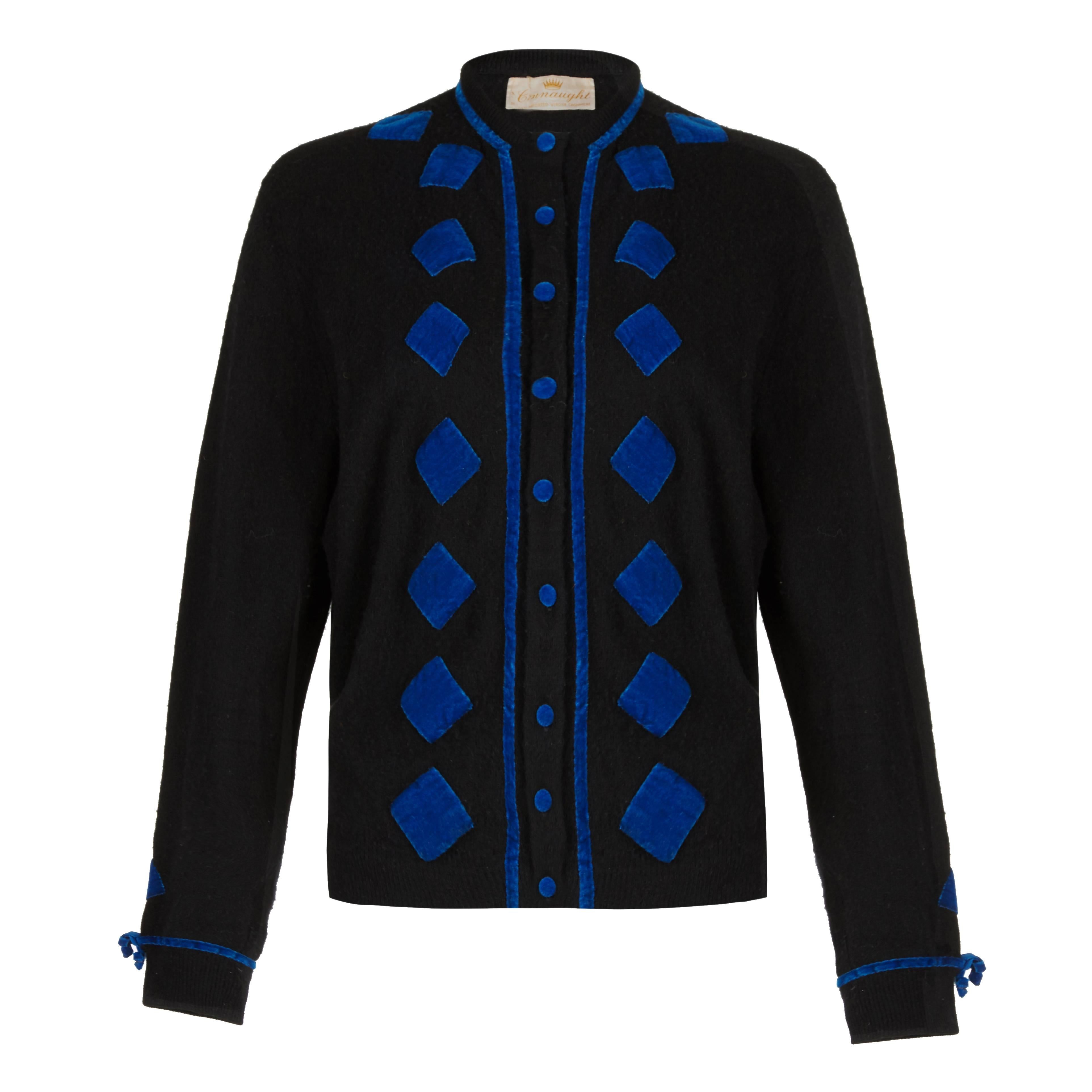 1950s Black Cashmere Cardigan with Blue Applique