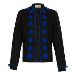 Vintage 1950s Black Cashmere Cardigan with Blue Applique