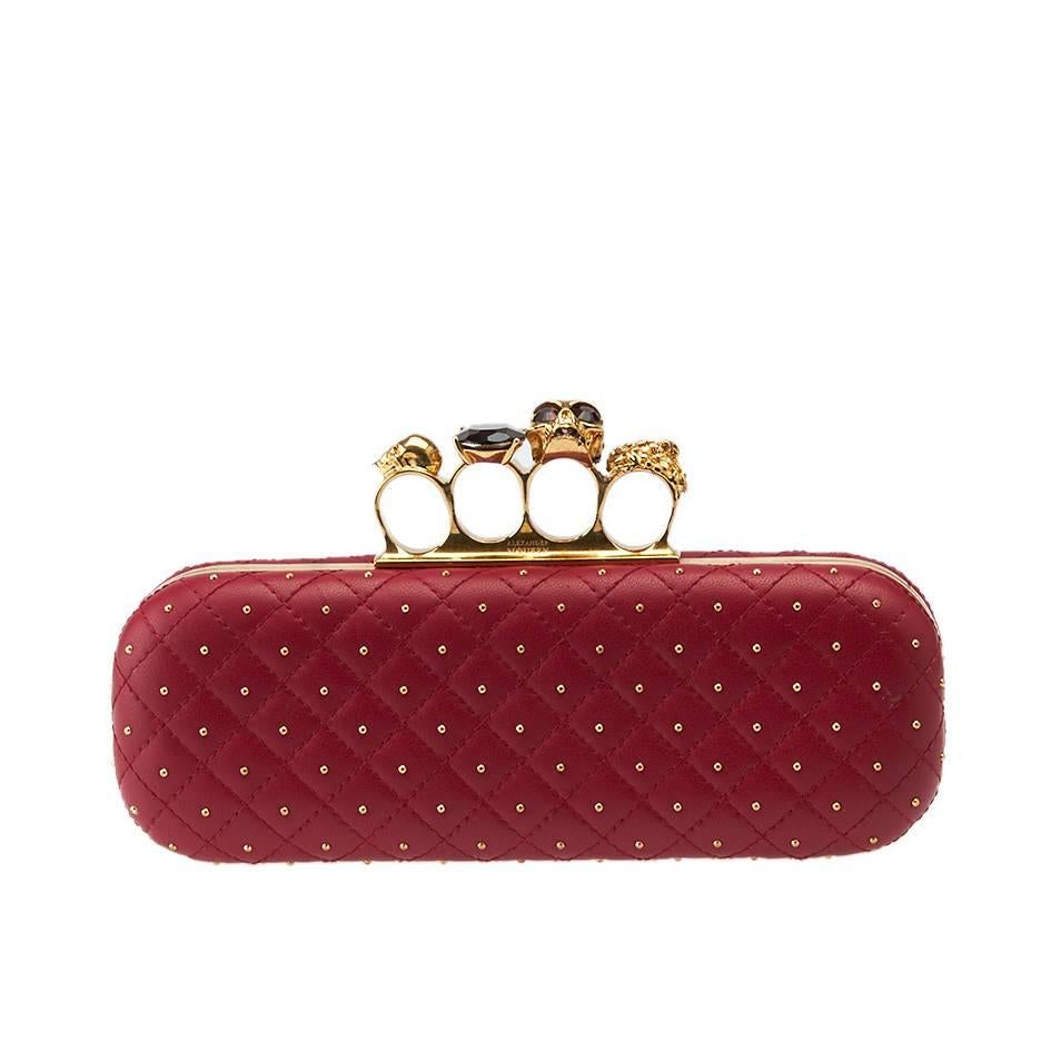 Alexander McQueen Red Quilted Leather Studded Knuckle Box Clutch For Sale