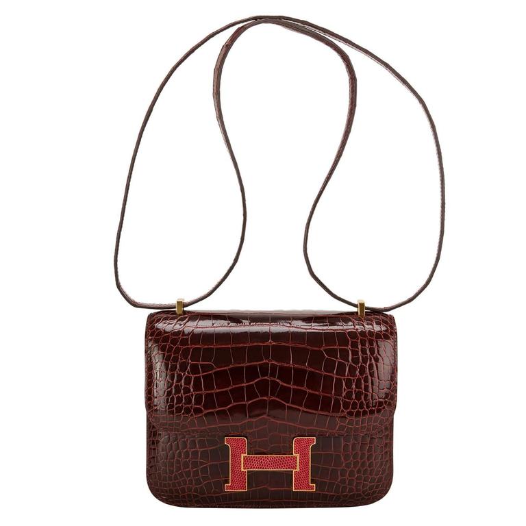 Hermes Limited Edition 18cm Shiny Bordeaux Alligator & Rouge H, Lot #58037