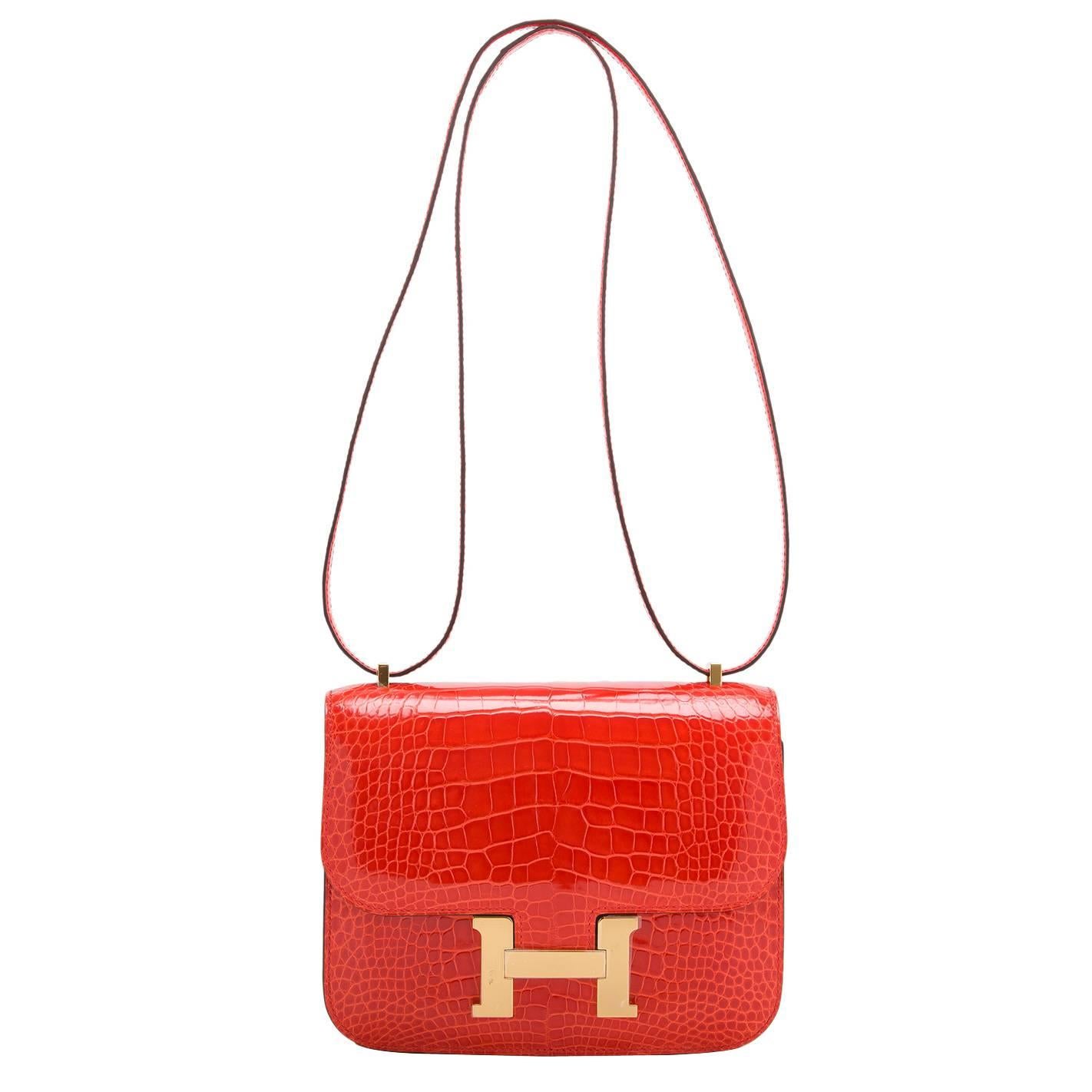 Hermes Orange Poppy Shiny Alligator Mini Constance 18cm Gold Hardware