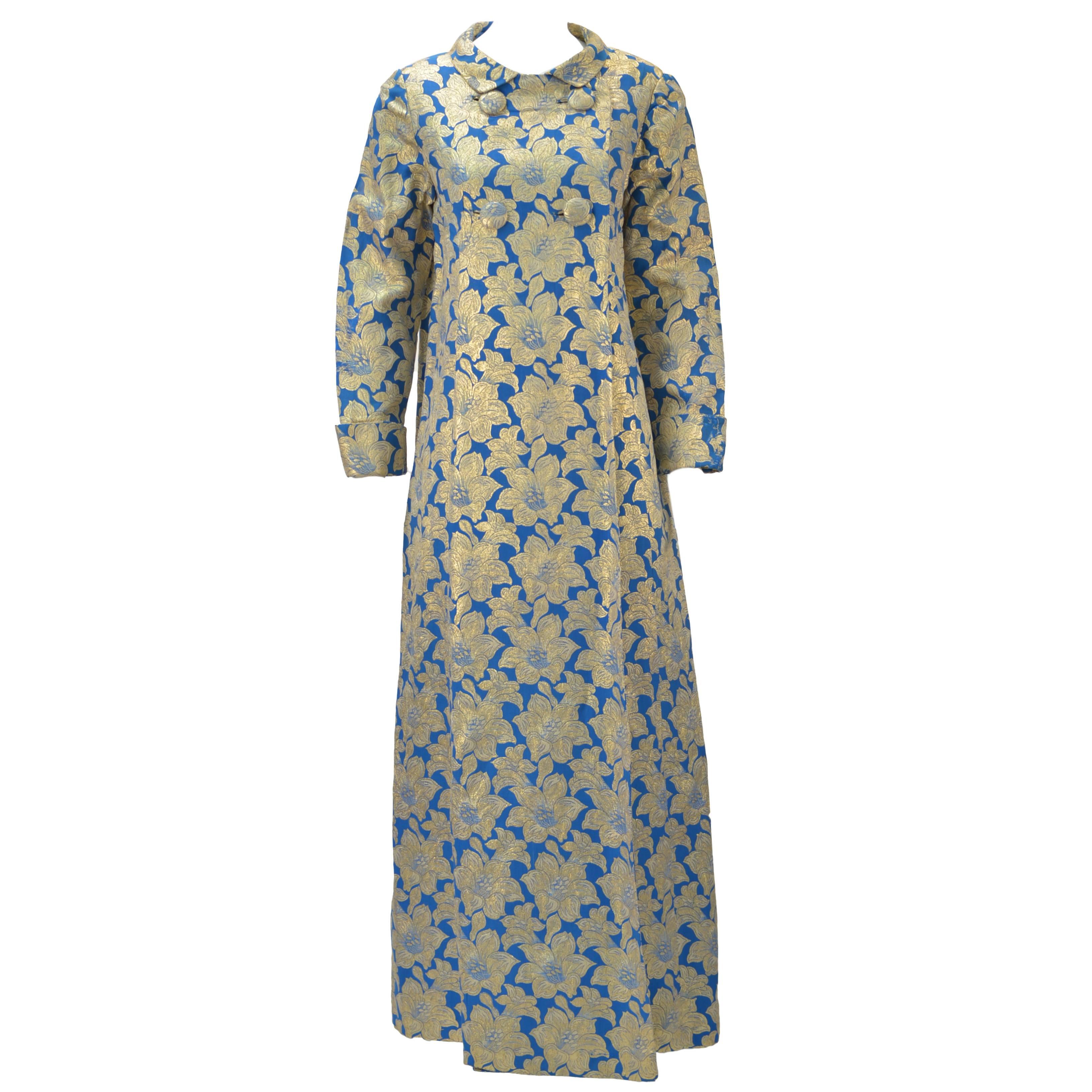 1960s Blue with Gold Metallic Brocade Long Evening Coat Dress  For Sale