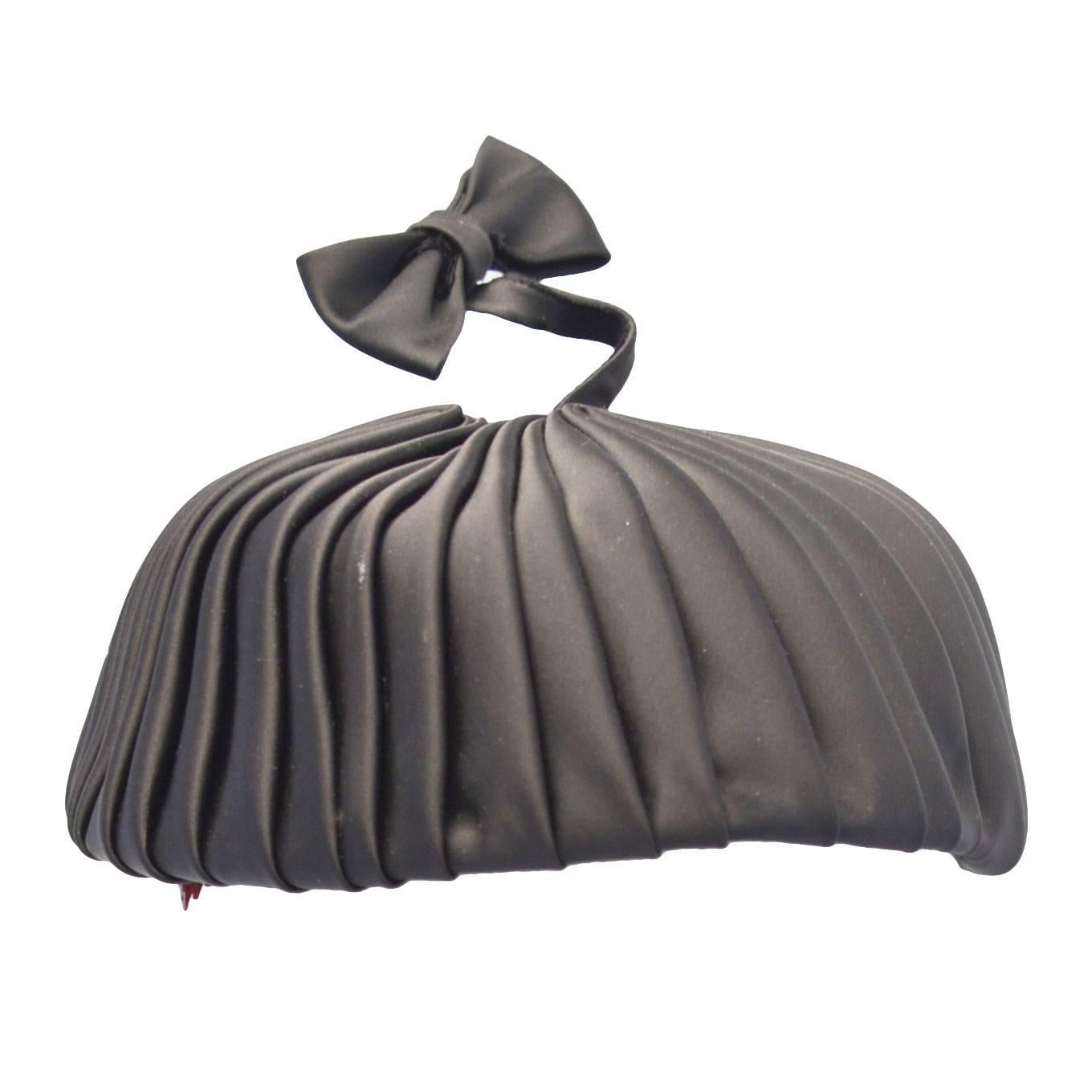 1960s Sally Victor Black Pleated Pillbox Style Hat with Bow Accent For Sale
