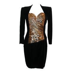 Vicky Tiel Couture 1980's Vintage Black and Gold Velvet & Lame Evening Dress - 4