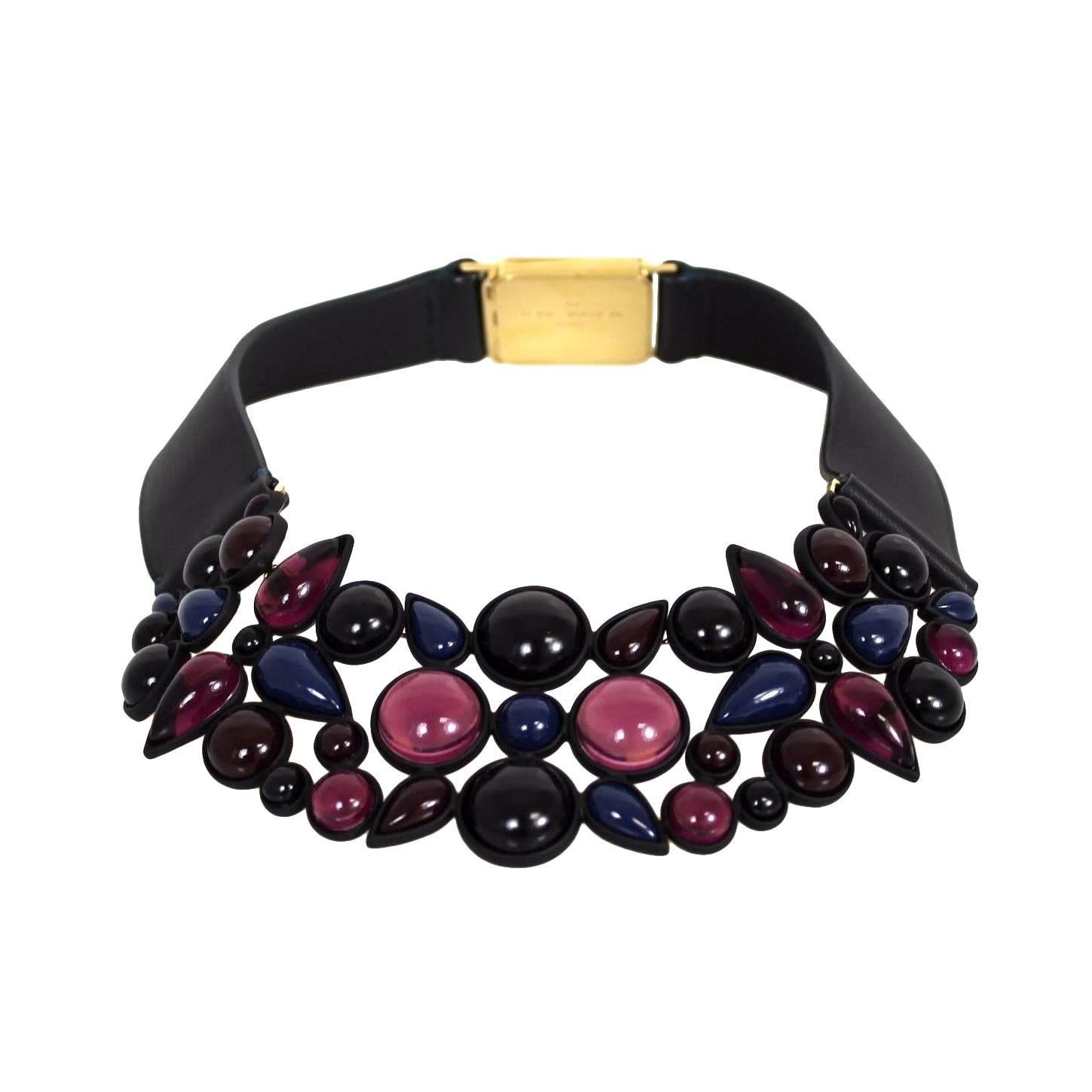 Louis Vuitton Purple Indigo Stone Embellished Black Leather Gold Collar Necklace For Sale