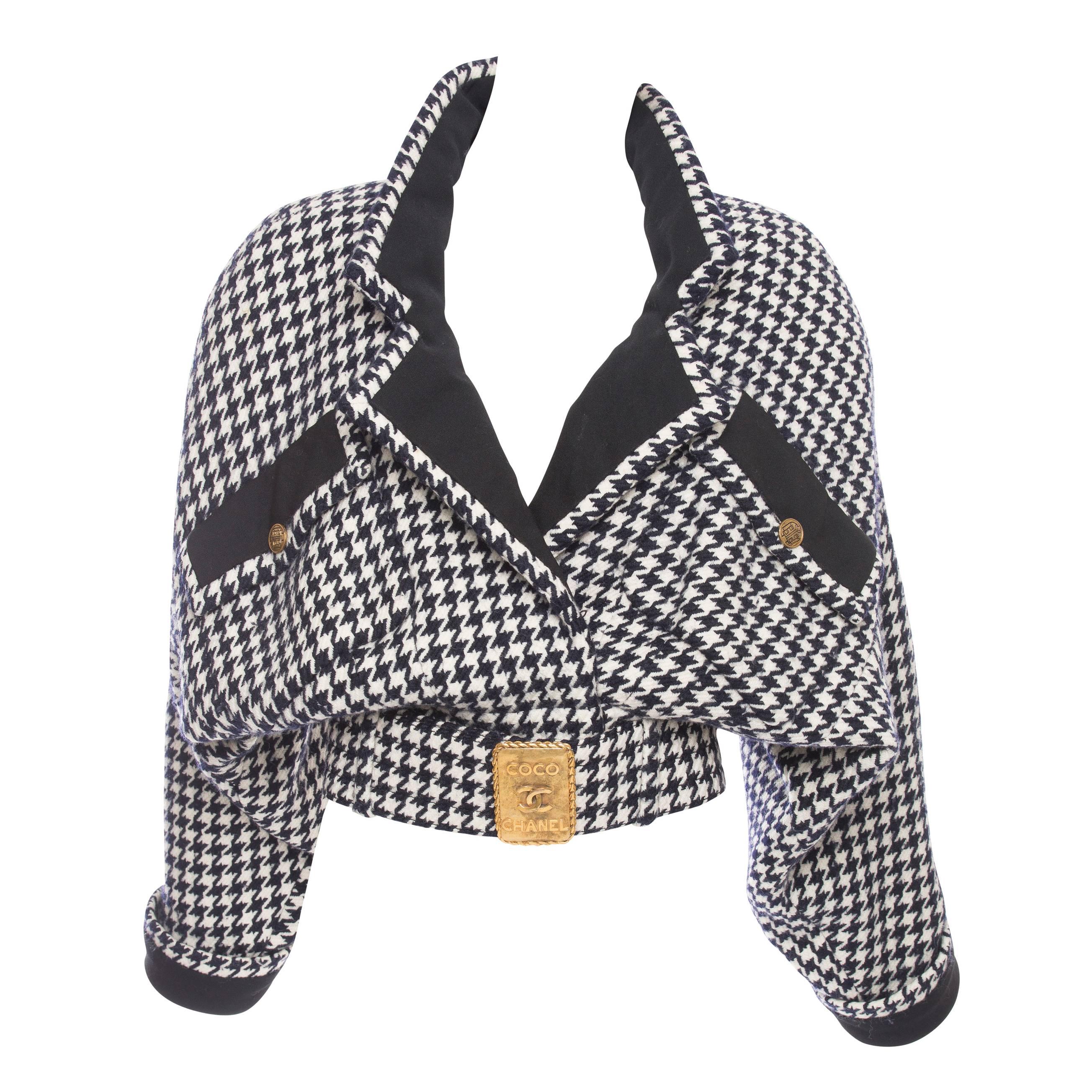 Chanel Haute Couture Houndstooth Jacket With Bronze CC Buckle Belt, Circa 1980's
