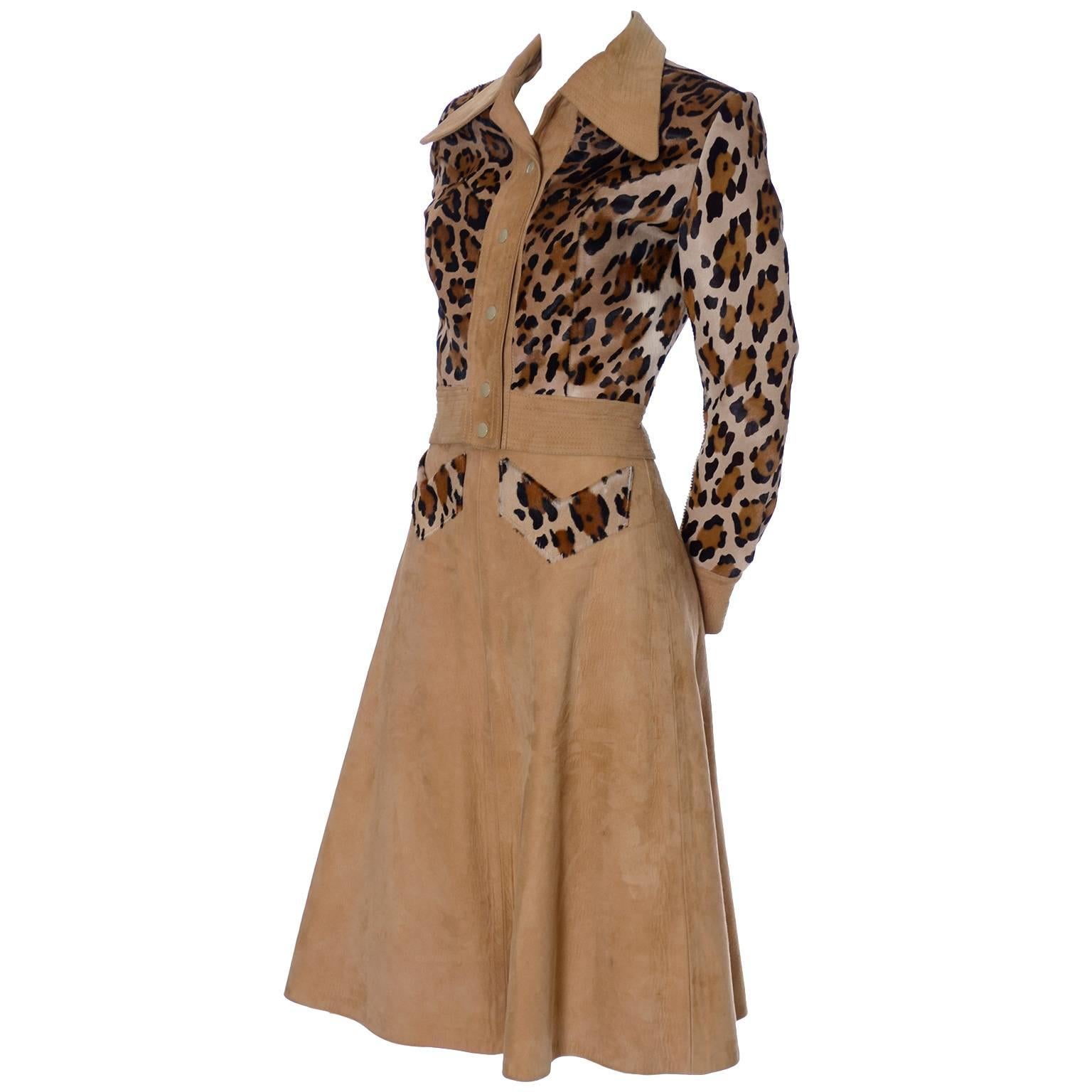 Henri Fensteur Suede Leopard Print Fur Vintage Skirt & Cropped Jacket Suit