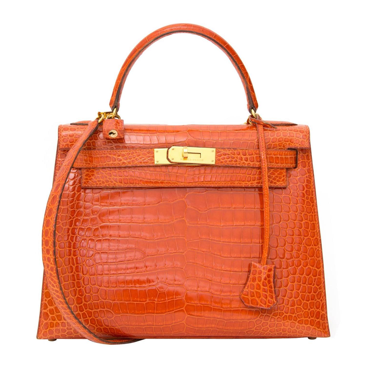 Hermès Kelly 28cm Rouge Agathe Crocodile Porosus GHW With Strap For