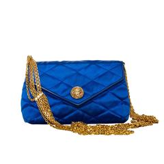 1980s Glamorous Chanel Quilted Blue Satin Evening Bag 