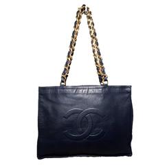 Vintage Chanel Navy Blue Leather Quilted CC Logo Shopper Tote
