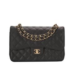 Chanel Black Quilted Caviar Jumbo Classic Double Flap Gold Hardware Shoulder
