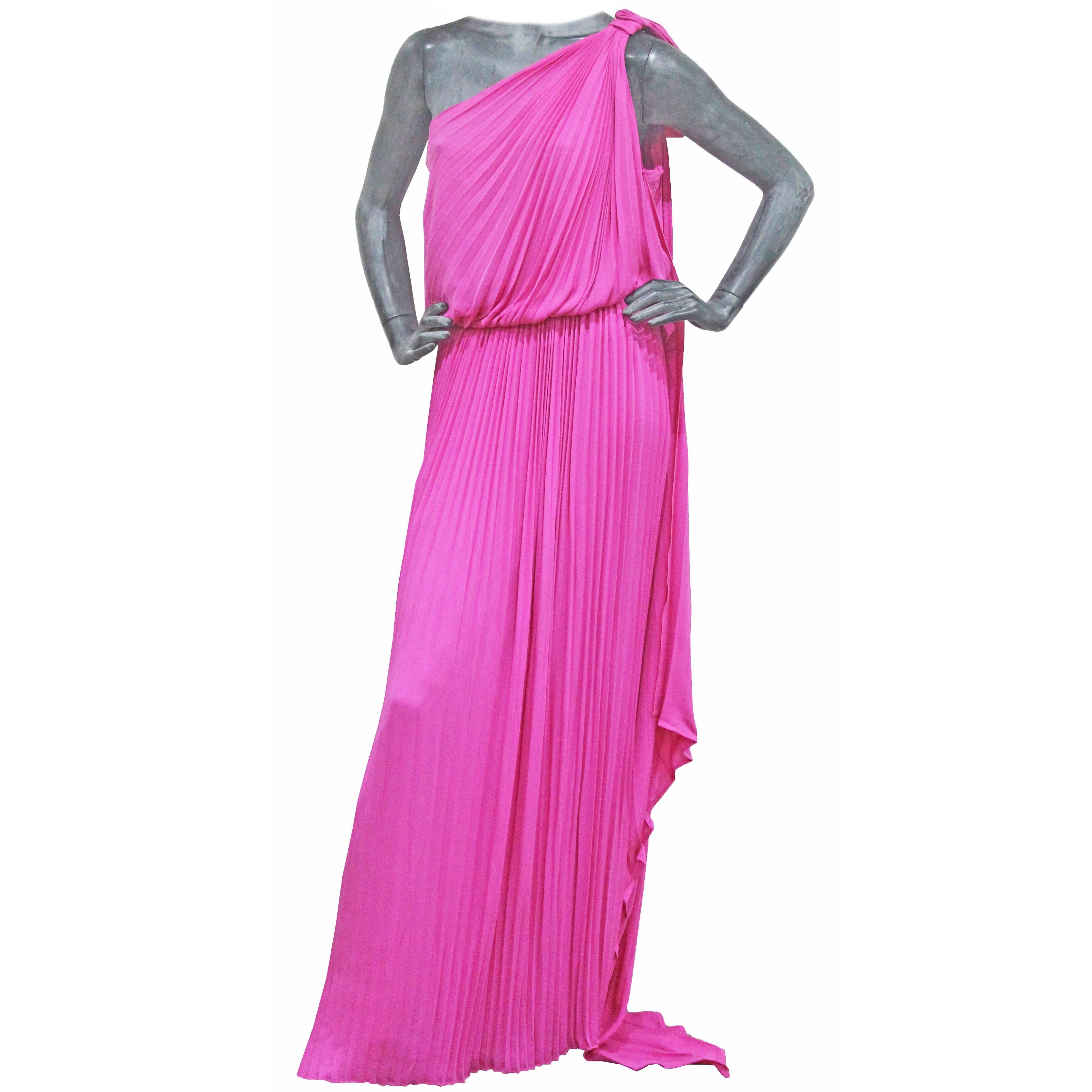 Exceptional Pierre Cardin Hot Pink Pleated Silk Evening Dress c. 1977