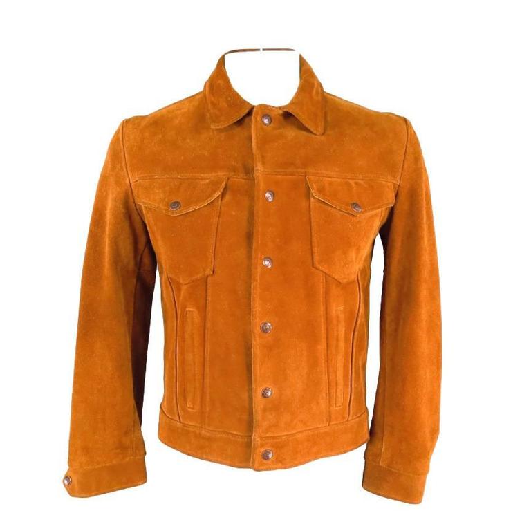Vintage SCHOTT Size 40 Tan Textured Suede Trucker Jacket at 