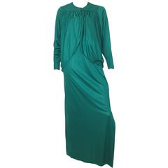 I.Magnin 1970s Maxi Green Dress with Dolman Sleeve with Jacket Size 4. 