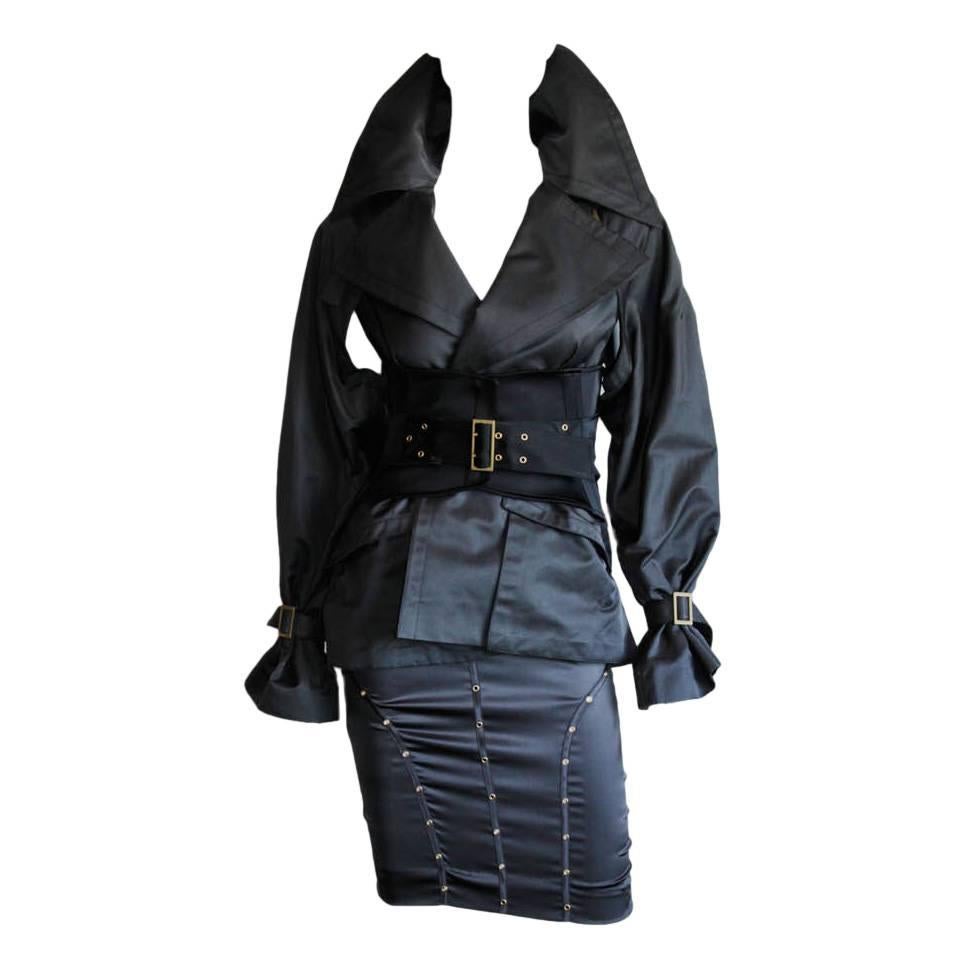 Amazing Tom Ford Gucci FW2003 Charcoal Corseted Runway Jacket, Belt 
Skirt Suit