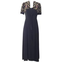 1940s Black crepe embroidered dress