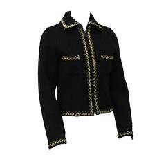 Vintage Circa 2000 Chanel Black Wool Jacket with Chevron Trim 