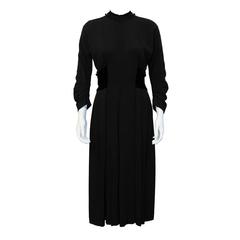 Late 1940's Hattie Carnegie Black Dress with Velvet and Pom Pom Details