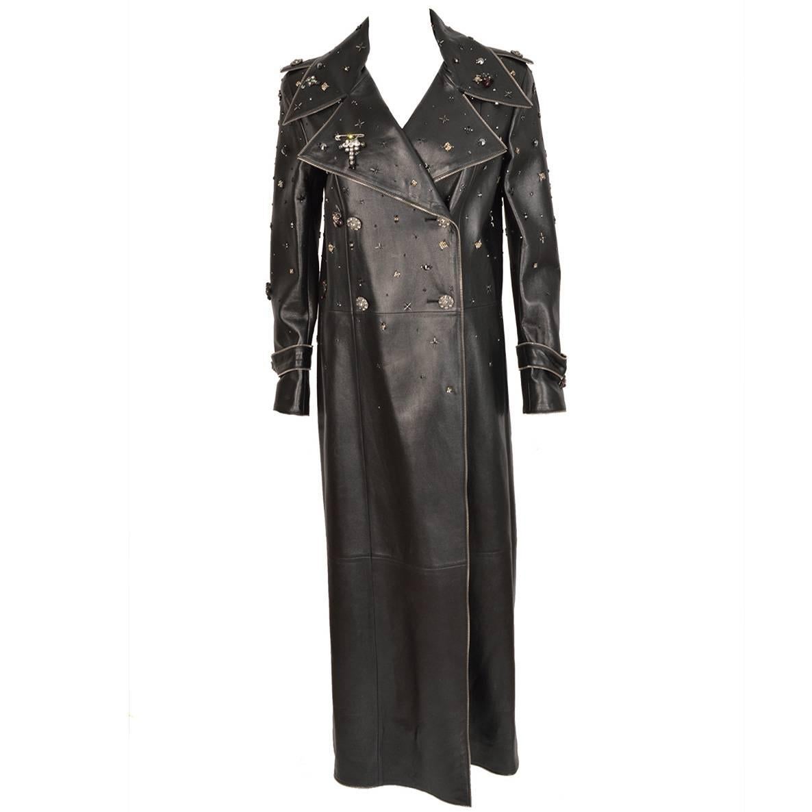 Chanel Lesage Embroidered iLong Black Leather Coat For Sale