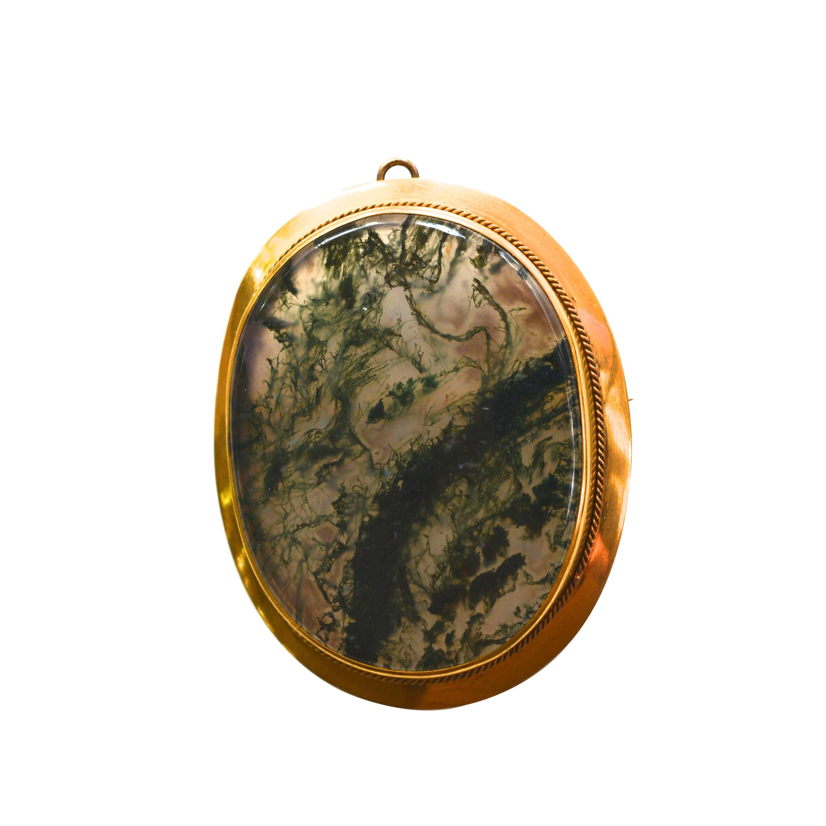 Victorian Moss Agate Gold Filled Pendant/ Brooch For Sale