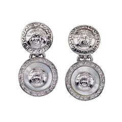 Gianni Versace Mother of Pearl and Silver Dangling Earrings With Medusa 