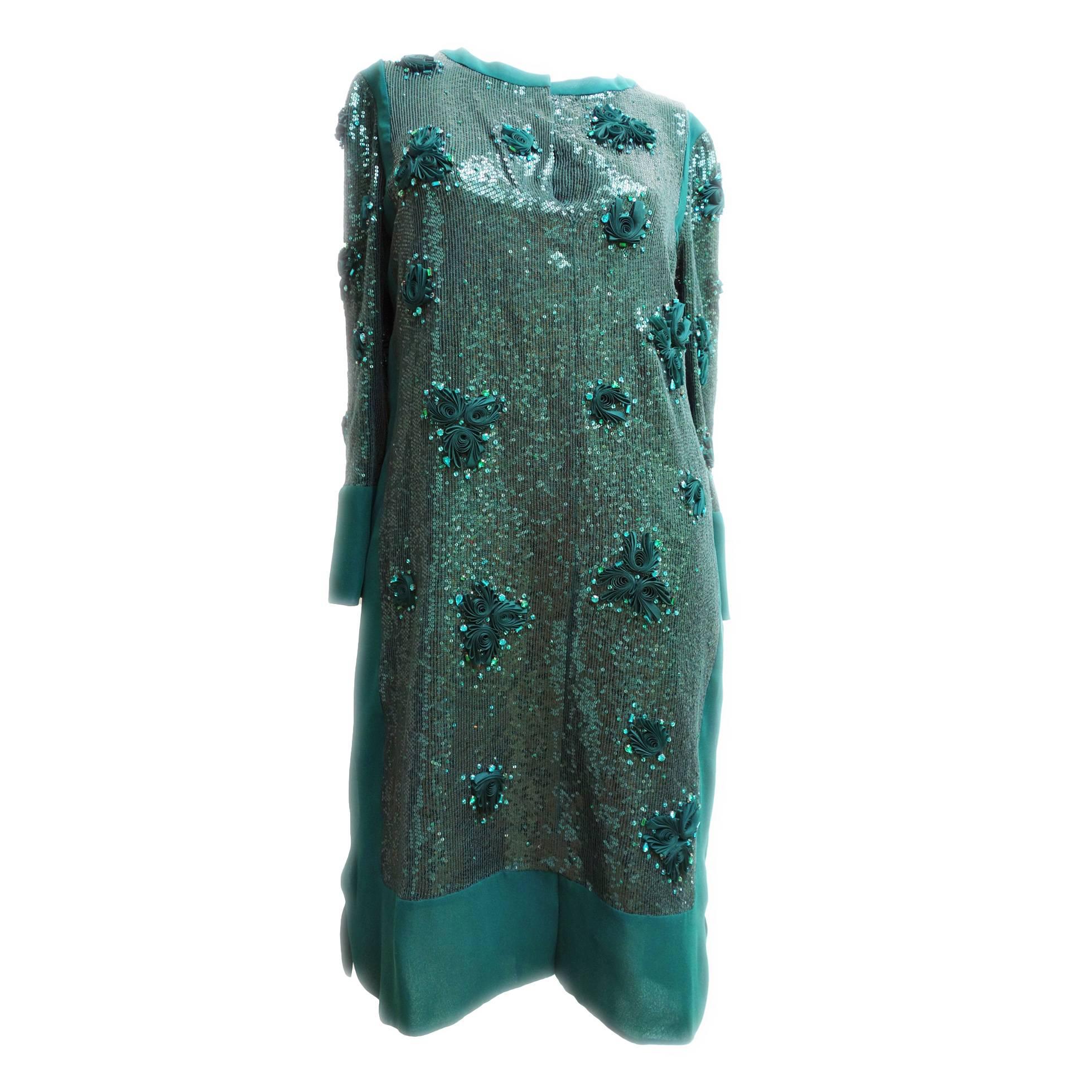 Valentino Emerald Green Sequin Beaded Dress Size 8 For Sale