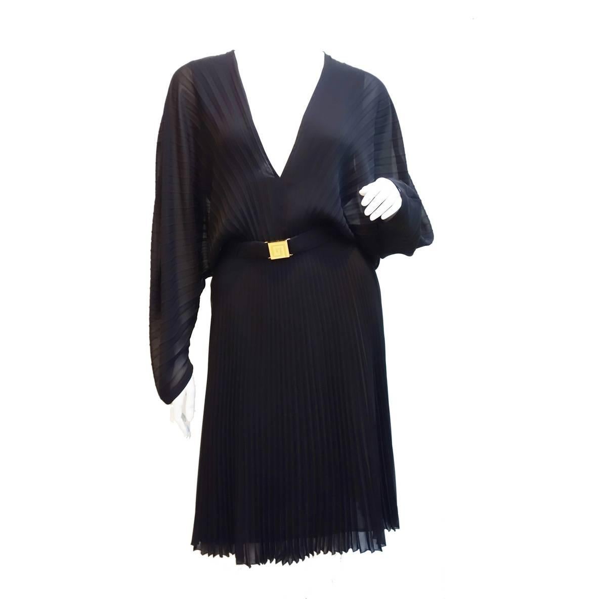 Gianni Versace Couture Black Pleated, Belted Chiffon Dress 1990s