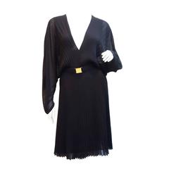Gianni Versace Couture Black Pleated, Belted Chiffon Dress 1990s