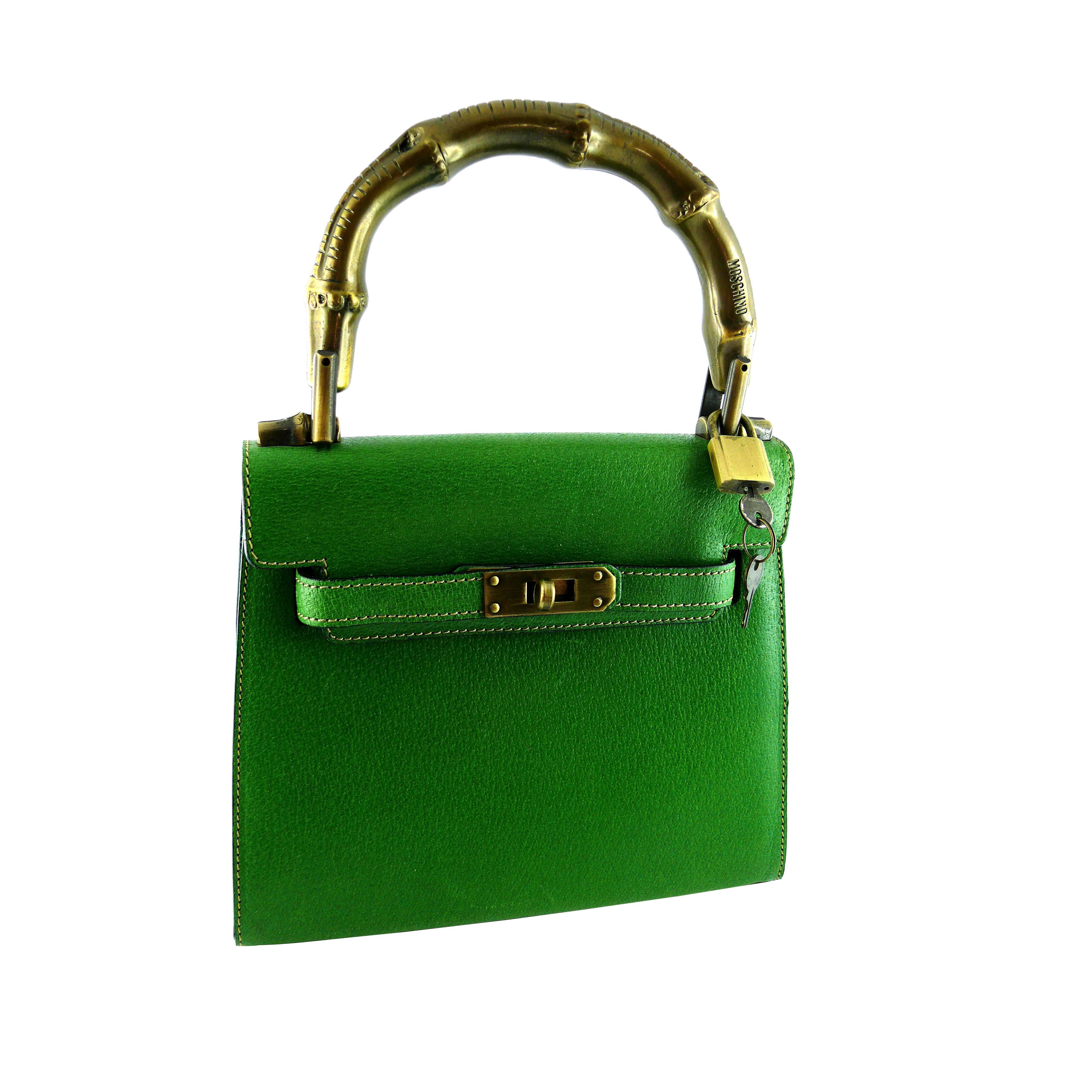 Moschino Vintage "Waouh!" Green Leather "Kelly" Handbag Bamboo Handle