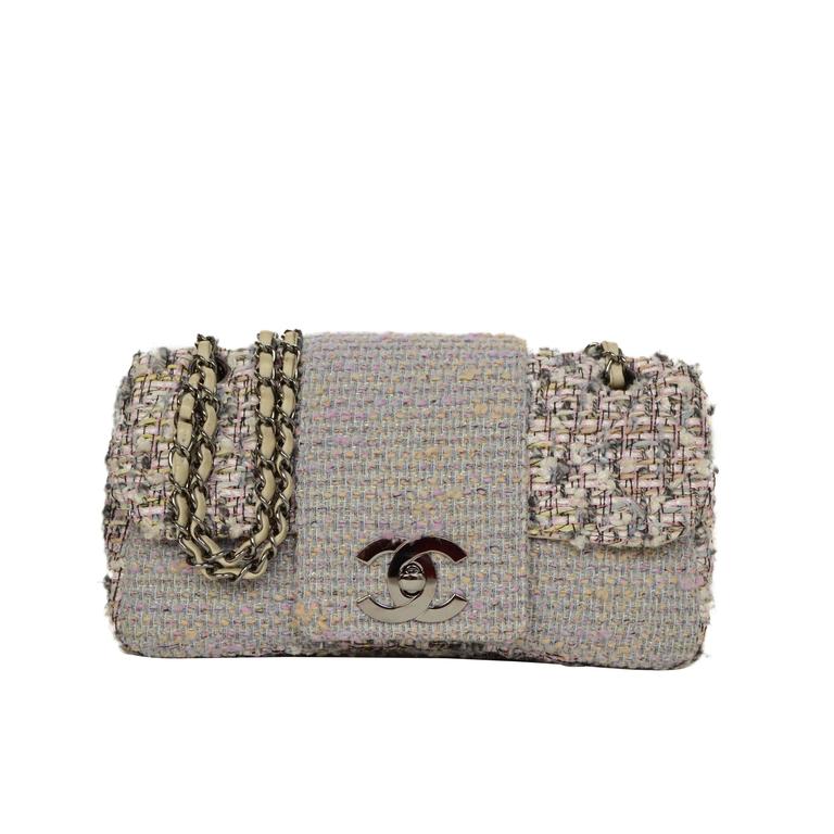 Chanel Pink and Grey Tweed Medium Classic Flap Bag RHW For Sale at 1stDibs