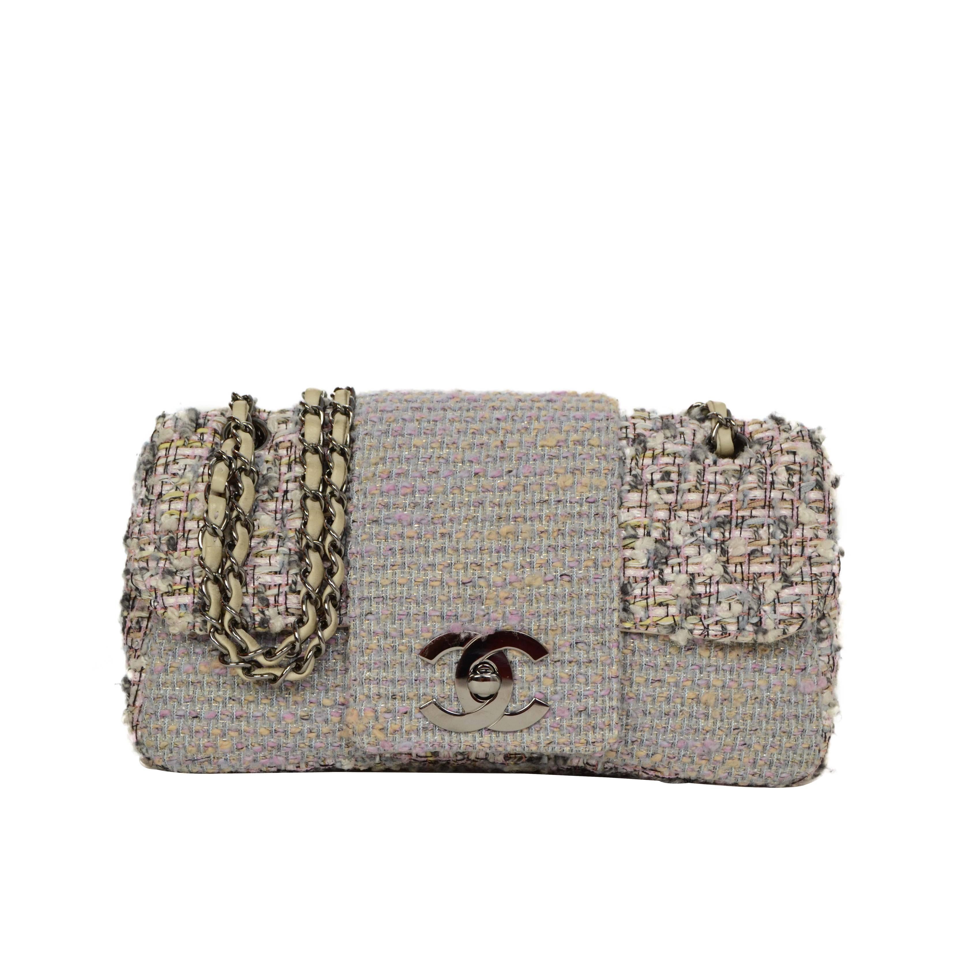 Chanel Pink & Grey Tweed Medium Classic Flap Bag RHW