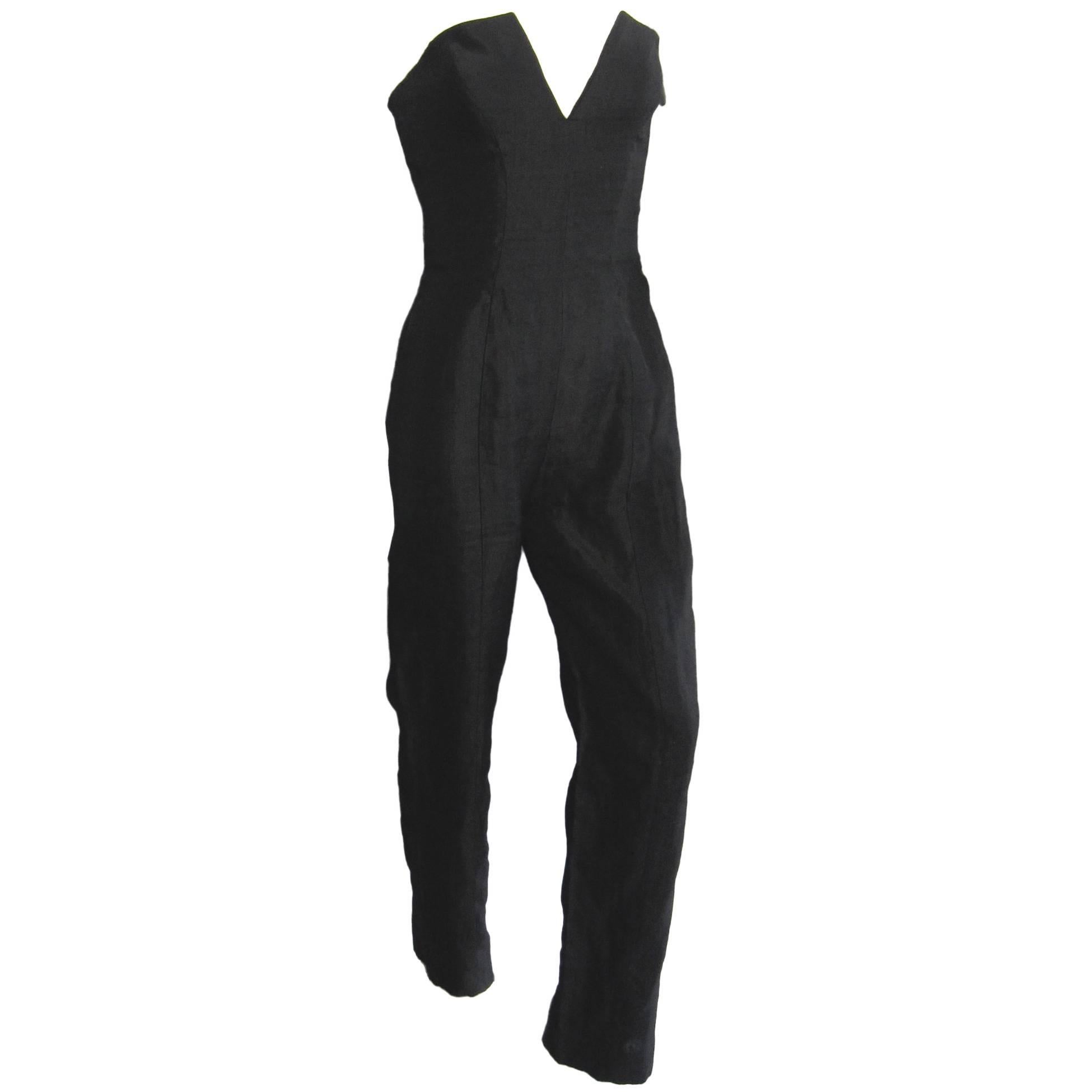 1990s CHRISTIAN LACROIX Black Raw Silk Strapless Jumpsuit For Sale