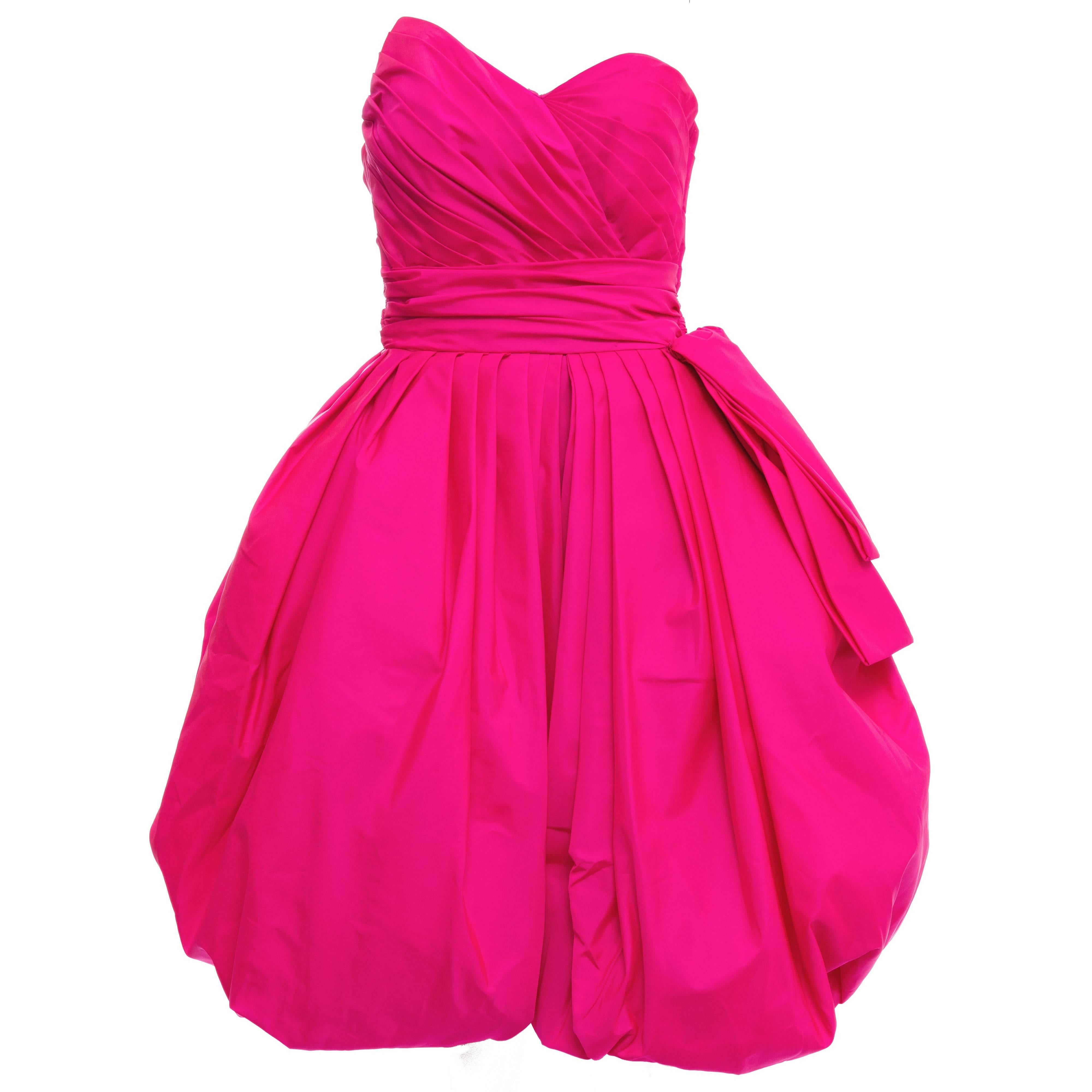 Victor Costa Fluorescent Pink Strapless Taffeta Bubble Party Dress, Circa 1980's