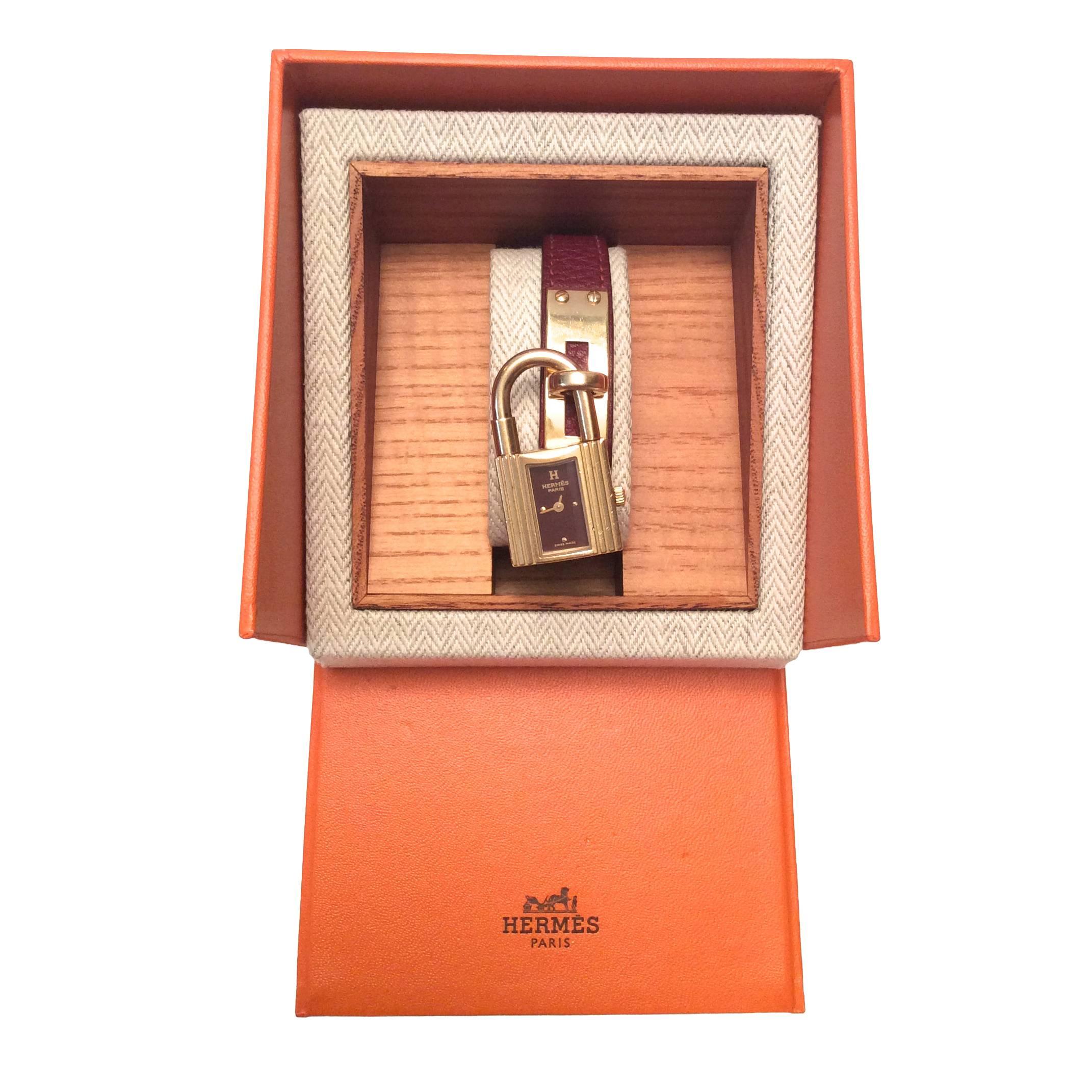 Hermes Kelly Watch - Gold Tone - Burgundy with Matching Strap For Sale