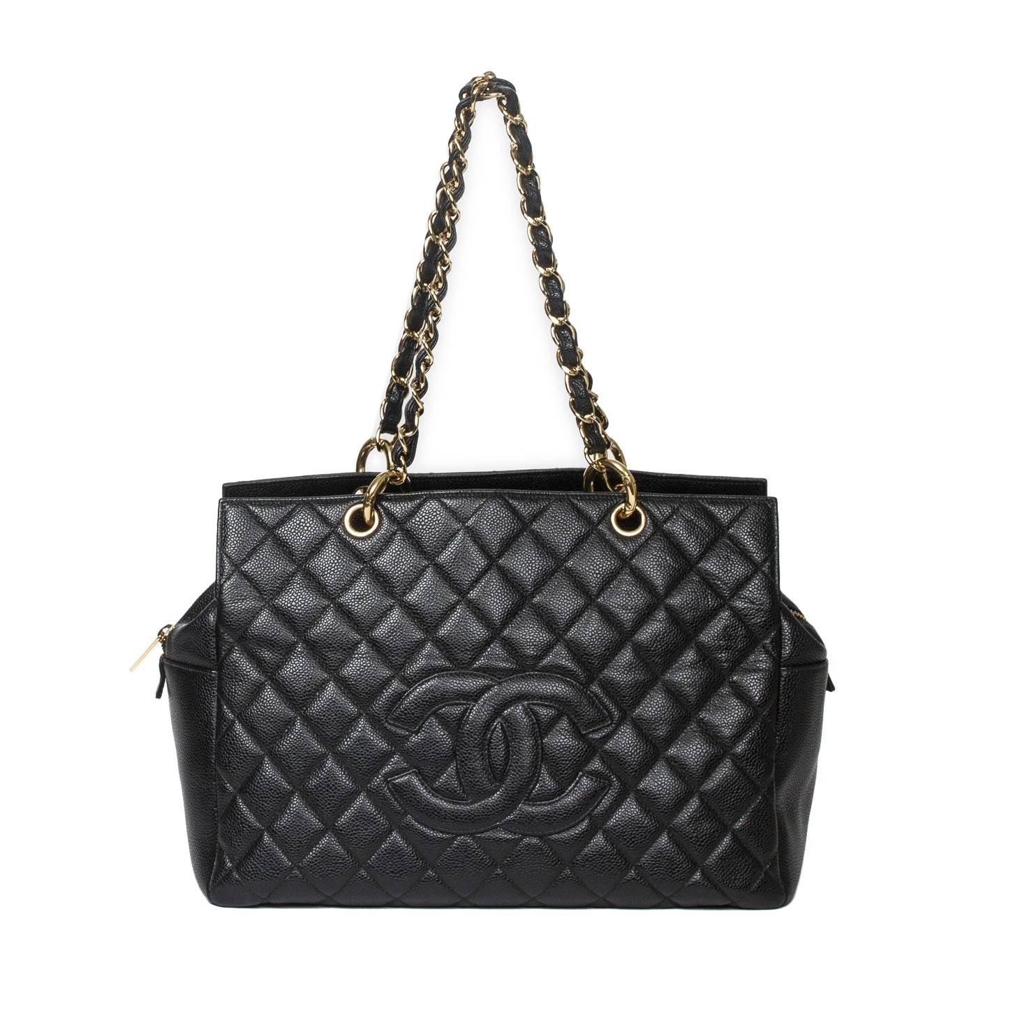 Chanel Grand Tote Shopper MM 34cm Black Grained Leather For Sale