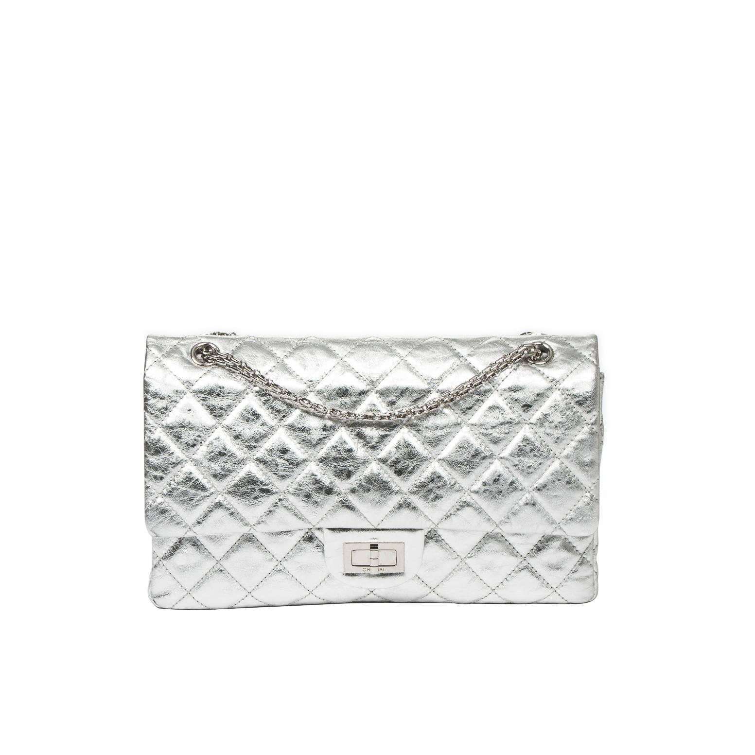 Chanel Reissue Jumbo Double Flap 31cm Quilted Metallic Silver Leather For Sale