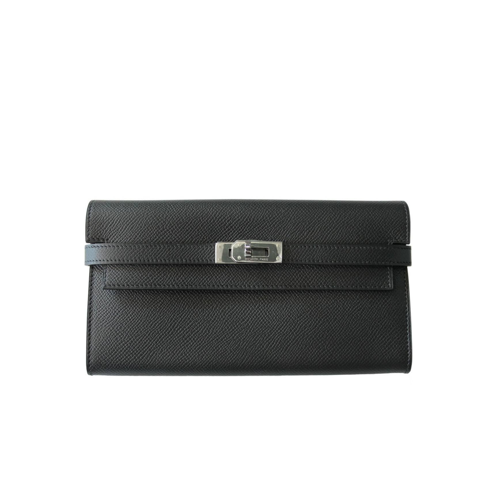 Hermes Black Epsom Kelly Long Wallet SHW "O" Stamp in Box
