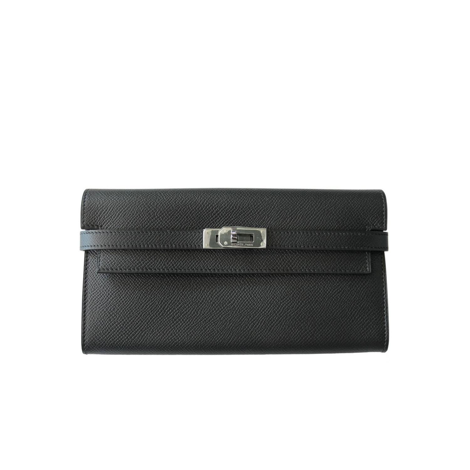 Hermes Black Epsom Kelly Long Wallet SHW \u0026quot;O\u0026quot; Stamp in Box at 1stdibs  