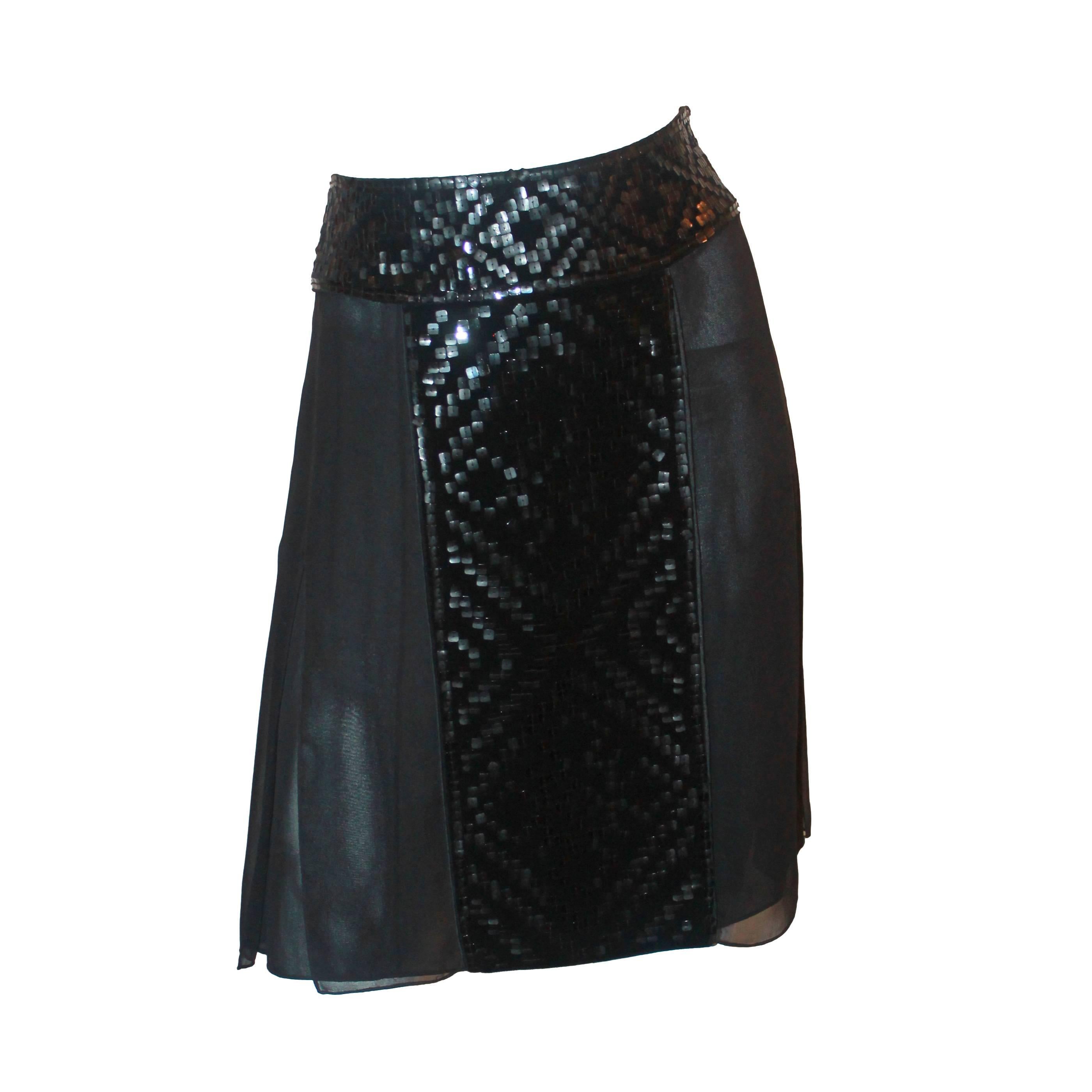 J. Mendel Black Silk Skirt with Sequin Panels - 8