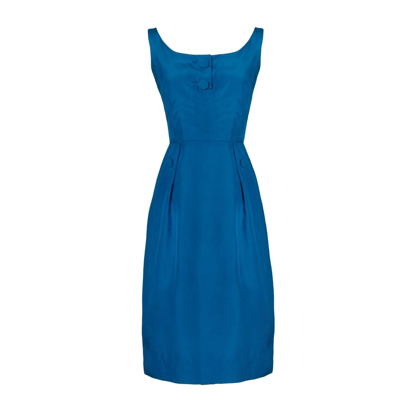 Abito da cocktail in seta blu vibrante di Alfred Shaheen del 1950 in vendita