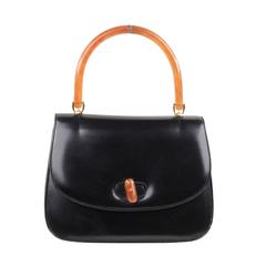 GUCCI Italian Retro Black Leather HANDBAG Flap Purse w/ BAKELITE HANDLE Rare